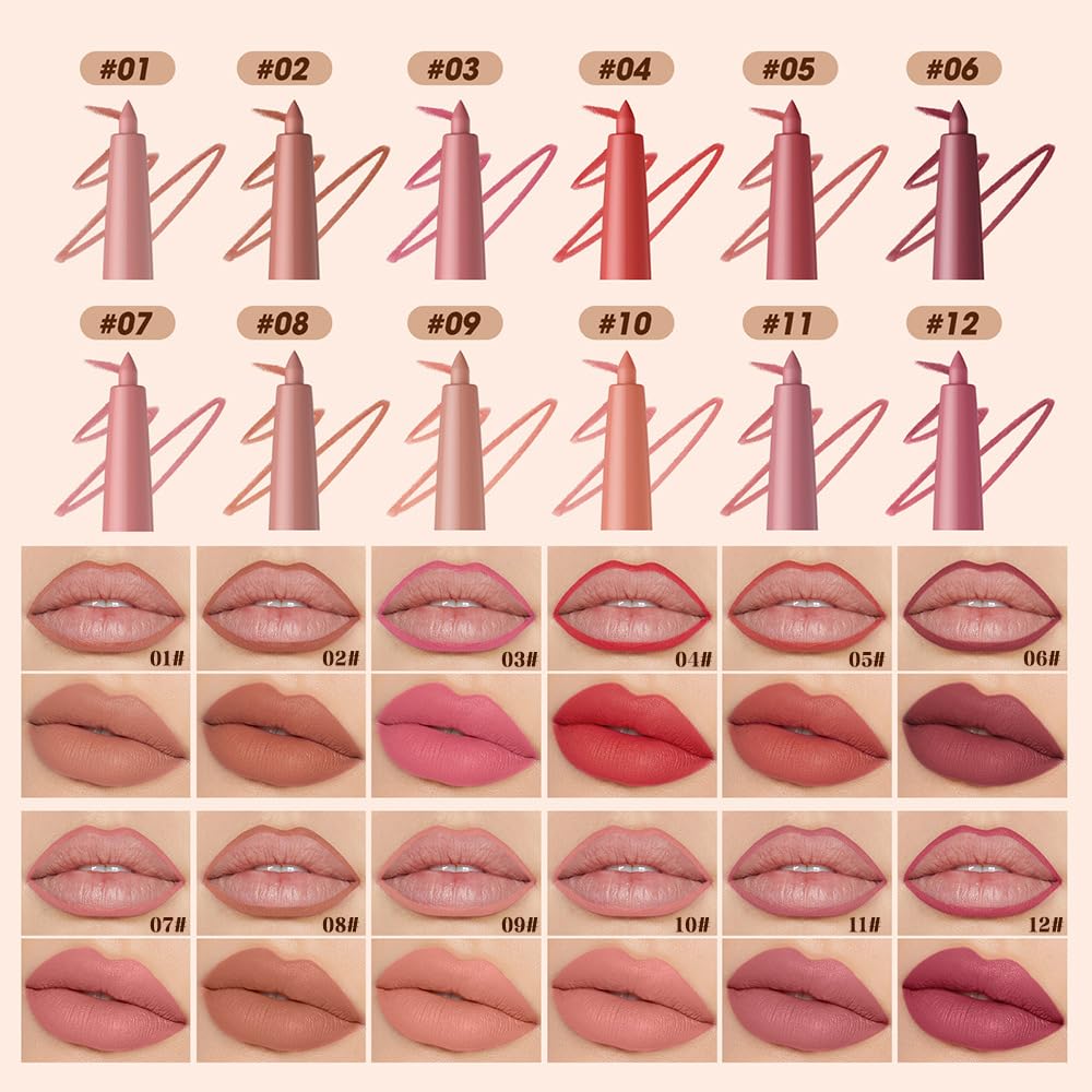 Hxssll 12 Colors Matte Lip Liner Pencil – Long Lasting Waterproof Lip Liner, Smudge Proof Transfer Proof Lip Pencil, High Pigment Lip Makeup for Defining & Filling Lips (A2-set:03+11+12, 3PCS)