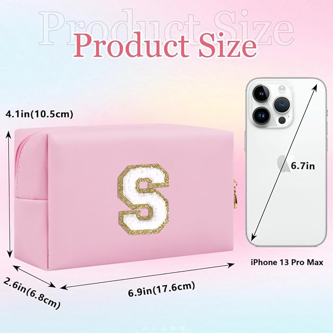 Small Personalized Letter Makeup Bag, Cute PU Leather Chenille Letters Cosmetic Bag Travel Makeup Pouch, Preppy Travel Organizer Zipper Pouch for Women&Girls（Pink-S）