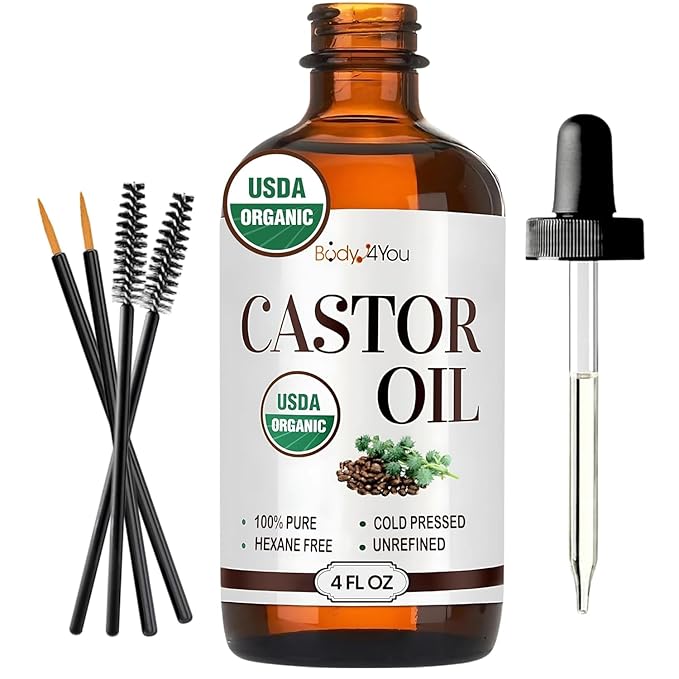BodyJ4You Castor Oil for Eyelashes and Eyebrows - Hair Growth Oil Eyelash Brush Brow Serum Lash Oil - 100% Pure Castor Oil Organic Cold Pressed Unrefined Glass Bottle Hexane Free 4 Fl Oz