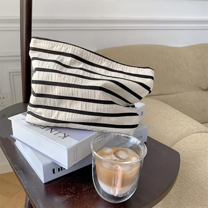 Flat Makeup Bag for Women,Zipper Cosmetic Pouch for Purse,Stripe White
