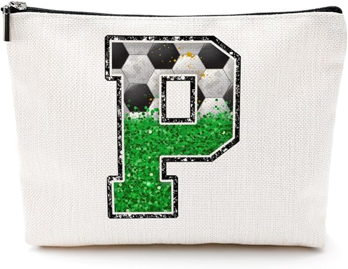 CQM Soccer Gifts Initial Makeup Bag Soccer Girl Gifts Cosmetic Bag Letter P