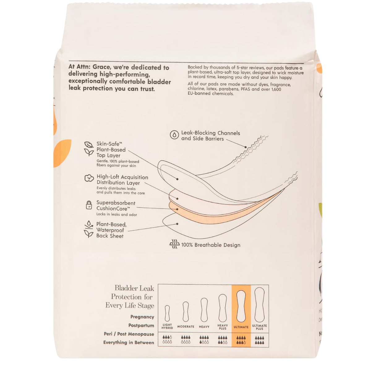 Attn: Grace Ultimate Incontinence Pads for Women - Plant-Based, 56 Count