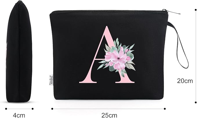 Vavabox A-Z Personalized Makeup Bag, Birthday Gifts for Women Mom, Gifts for Best Friend, Bride Bridesmaid Cosmetic bag (A, 02-Black)