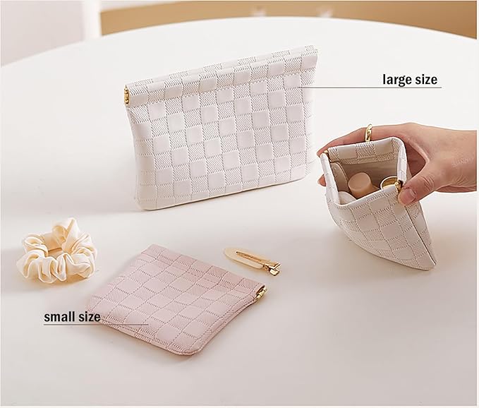 HIGH FIT Leather Pocket Cosmetic Bag for Purse,Coin Purse Lipstick Cosmetic Accessories Organizer, Travel Kit Storage Pouch,Waterproof Portable No Zipper Self-closing (Pink+White/Small)