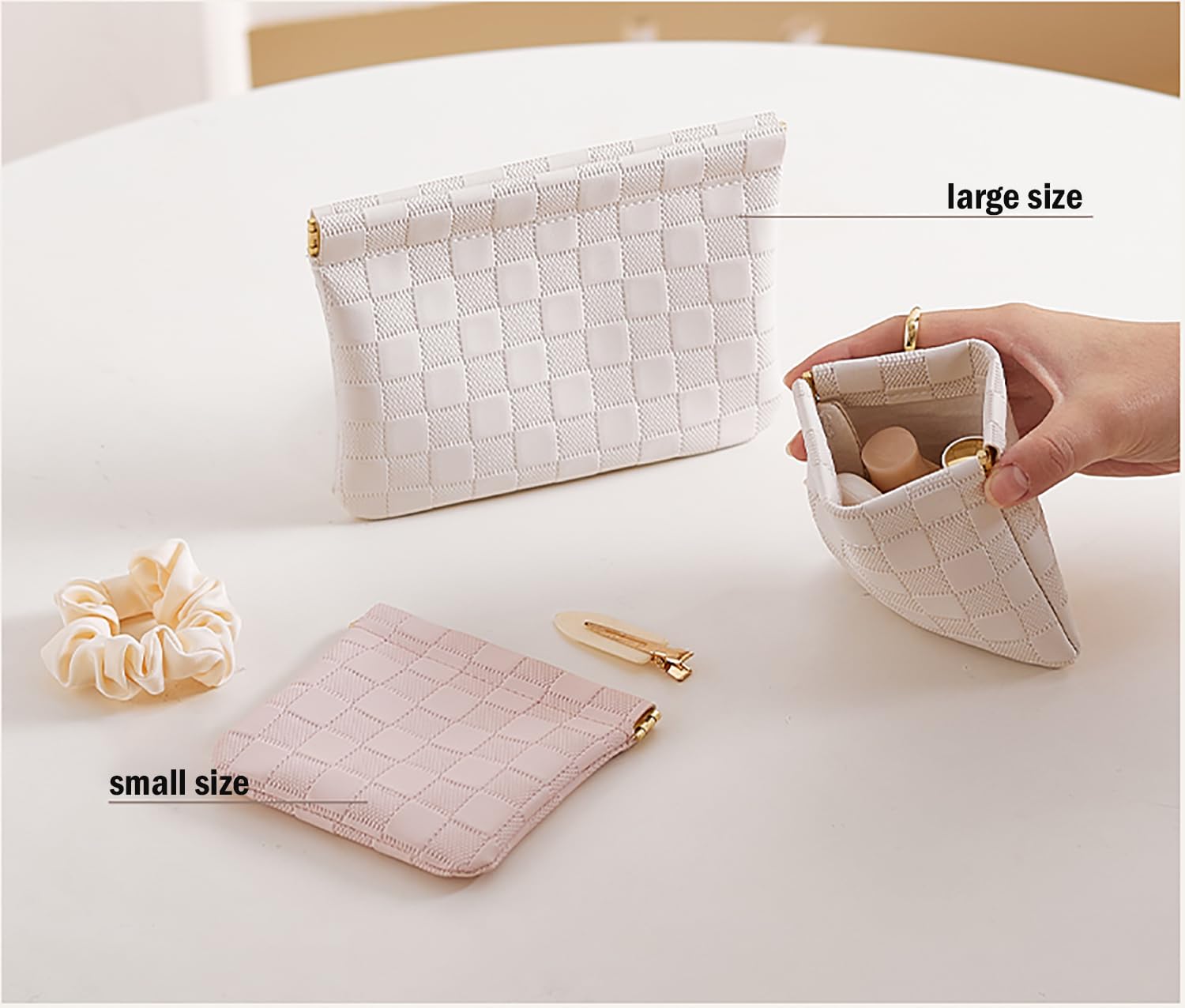 HIGH FIT Leather Pocket Cosmetic Bag for Purse,Coin Purse Lipstick Cosmetic Accessories Organizer, Travel Kit Storage Pouch,Waterproof Portable No Zipper Self-closing (Black+White/Small)