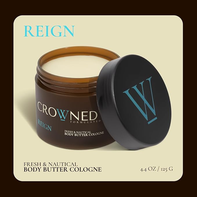 Crowned Skin Reign Body Butter Cologne for Men | Fresh & Nautical | Scented with Pink Pepper & Bergamot | Infused with Natural Shea & Mango Butters | All-Day Fragrance | 4.4oz