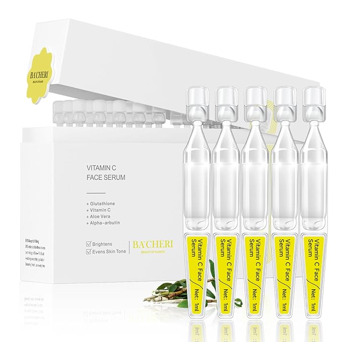BACHERI Vitamin C Face Serum with Glutathione, 4D Hyaluronic Acid & Aloe Vera – Lightweight Brightening & Hydrating Ampoule for Daily Skincare, Dark Spots, Sensitive Skin Friendly - (1.0 ml)*30 Vials