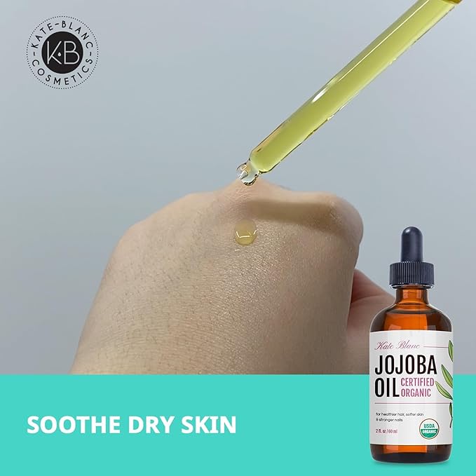 Kate Blanc Cosmetics Organic Jojoba Oil for Hair, Skin, Face, Nails (2oz) - USDA Certified, 100% Pure Cold Pressed Unrefined - Moisturizing Carrier Oil for Gua Sha, Dermaplaning, Body - Glass Bottle