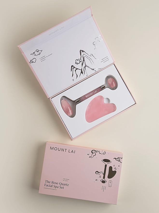 Mount Lai - The Rose Quartz Facial Spa Set | Rose Quartz Face Roller and Gua Sha Set | Gua Sha Tools to Relieve Muscle Tension and Reduce Puffiness | Anti aging skin care sets for women