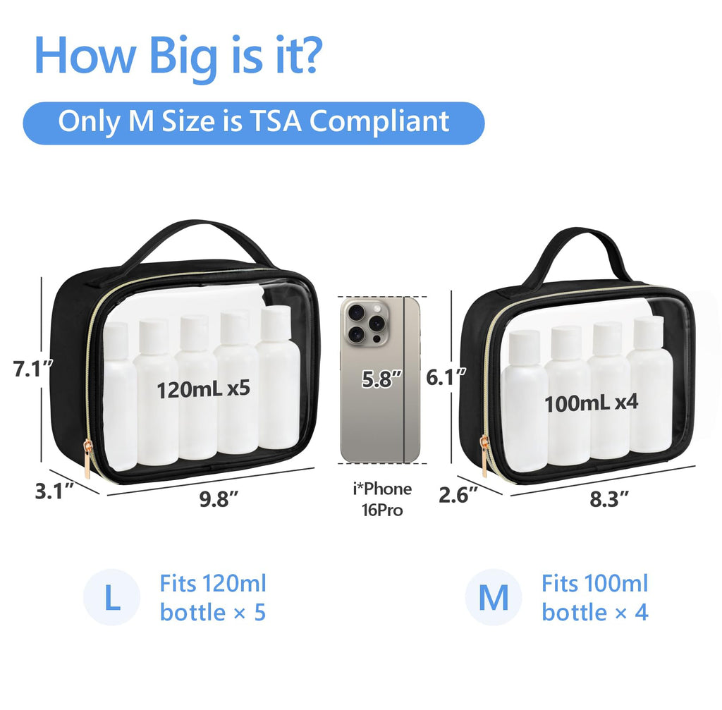 PACKISM Clear Makeup Bag Travel - TSA Approved Toiletry Bag, 2 Pack Black