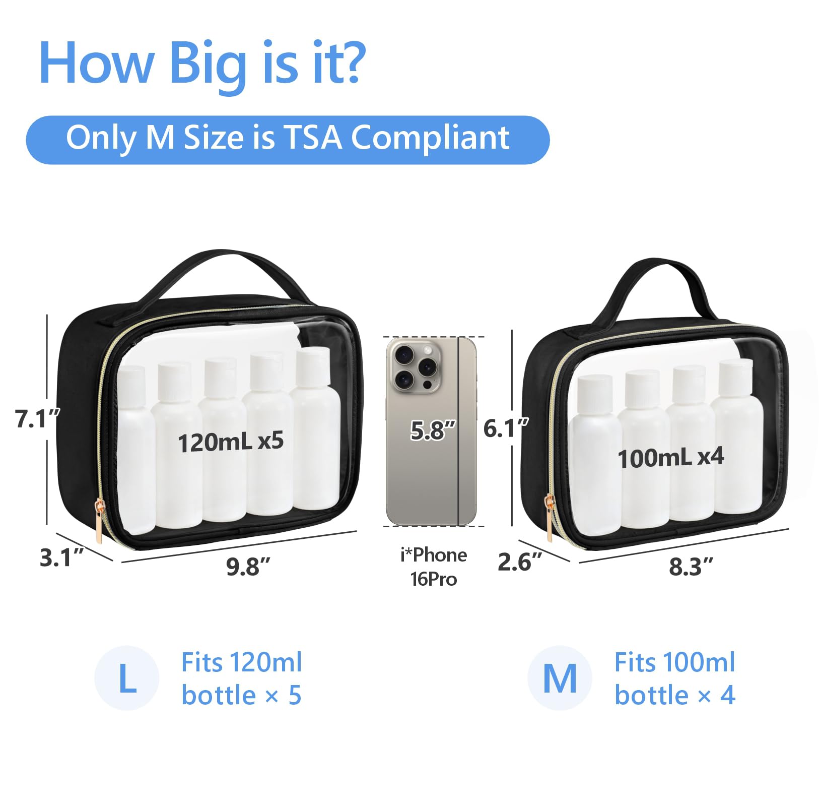 PACKISM Clear Makeup Bag Travel - TSA Approved Toiletry Bag, 2 Pack Black