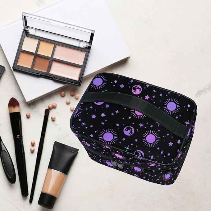 MNSRUU Makeup Bags, Moon Sun Stars Makeup Organizer Bags Toiletry Bag Box Travel Cosmetic Bag Make Up Train Case for Women Teen Girl Ladies