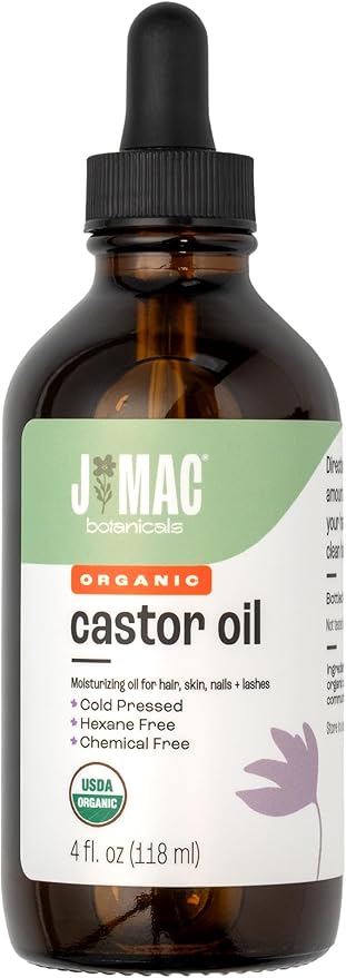 J MAC BOTANICALS Organic Castor Oil Cold Pressed in Amber Glass Bottle (4 oz with Dropper) USDA Certified, Hexane Free - Moisturizing Oil for Hair, Skin, Face, Eyelashes, Brows, & Nails