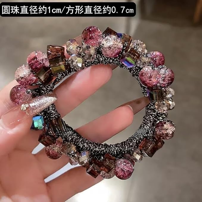 Siluannan Crystal Beaded Hair ties Scrunchies, Pink and Blue Glass Beads, Black Elastic Band, 2 Pack hair accessories for women。
