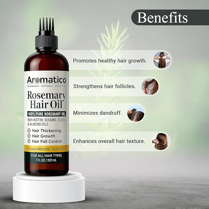 Aromatico Rosemary Hair Oil with Sesame, Jojoba and Almond Oils, Non-Sticky Hair Care Oil with Applicator Cap, 7 Fl Oz