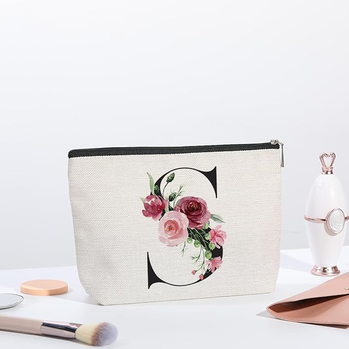KDXPBZ Initial Makeup Bag - Personalized Cosmetic Bag for Women, Bridesmaid & (Letter S)