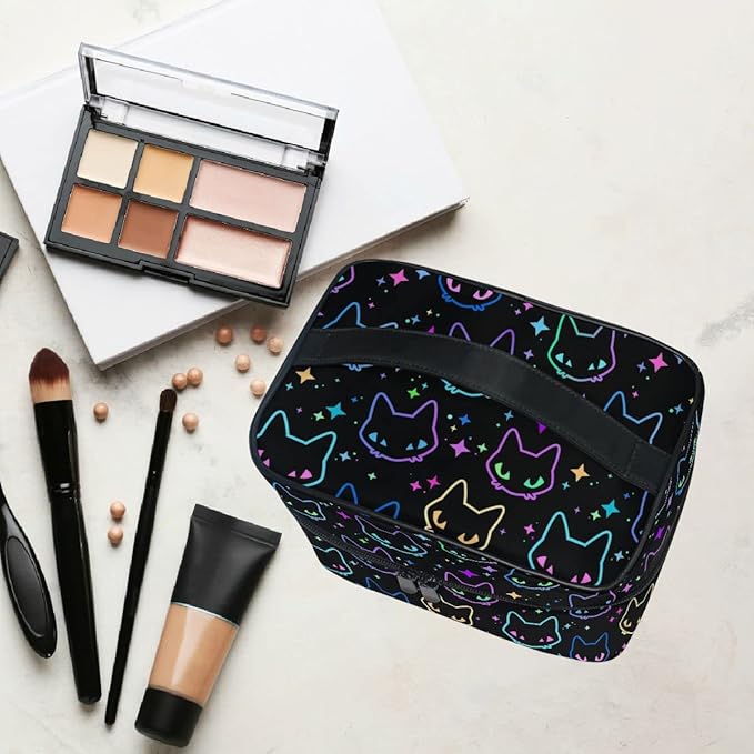 MNSRUU Goth Makeup Bag, Colorful Neon Cat Heads Makeup Organizer Bags Toiletry Bag Box Travel Cosmetic Bag Make Up Train Case for Women Teen Girl Ladies