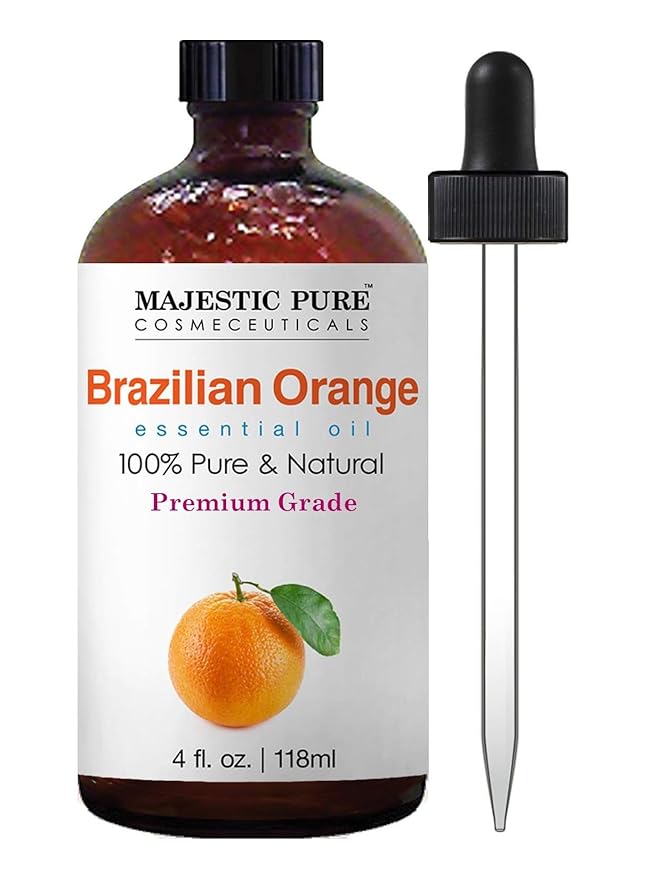 Majestic Pure Essential Oil with Glass Dropper - 100% Pure and Natural - Essential Oils for Diffuser, Aromatherapy, Soap and Candle Making, Brazillian Orange Essential Oil, Orange Oil, 4 Fl Oz