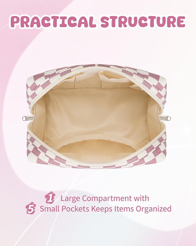 Narwey Birthday Gifts for Teen Girls Kids Women Personalized Initial Checkered Makeup Bag Pink Monogram Cosmetic Bag Trendy Stuff 6 8 10 11 12 13 14 16 18 Years Old Travel Toiletry Bag (Dusty Rose T)