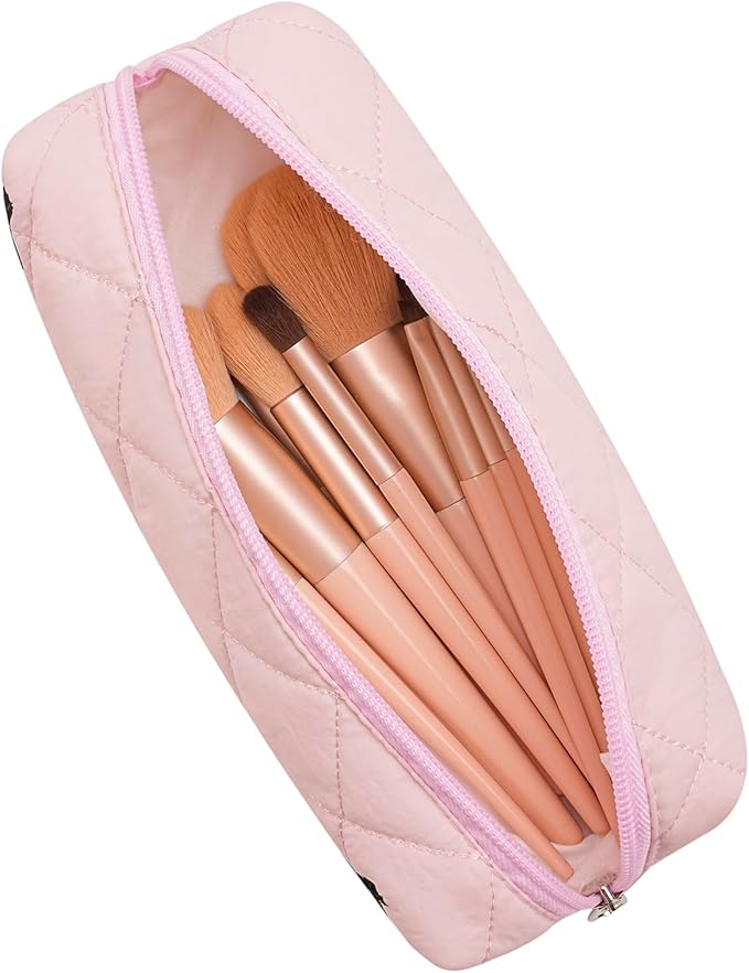HHQQWZ Cute Floral Cotton Makeup Brush Cosmetic Bag for Women, Travel Quilted Zipper Make Up Bag, Flowers Toiletry Organizer Case Kawaii Makeup Cosmetic Travel Cloth Pouch (Pink)