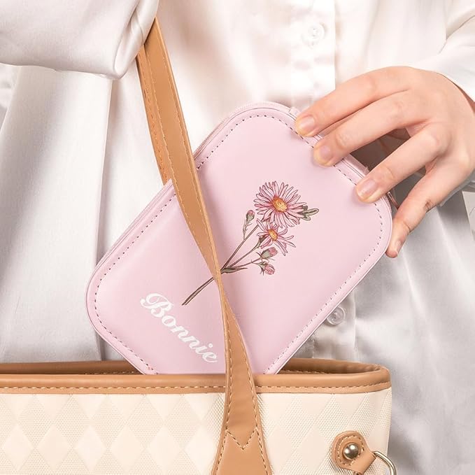 ipetlive Custom Birth Flower Travel Makeup Bag With LED Mirror Leather Personalized Name Makeup Organizer Portable Jewelry Organizer Case Birthday Christmas Gifts For Women Daughter Mother