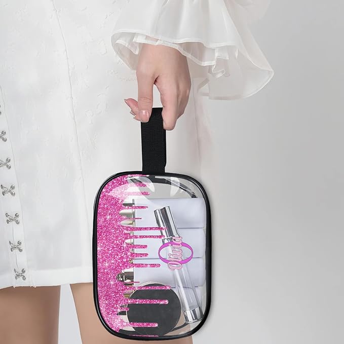 KFNHN Custom Name Transparent Makeup Bag Travel, Clear Toiletry Bag Travel Large Capacity PVC Cosmetic Container Organizer for Shampoo, Deep Pink Water Fluid Shape Glittering