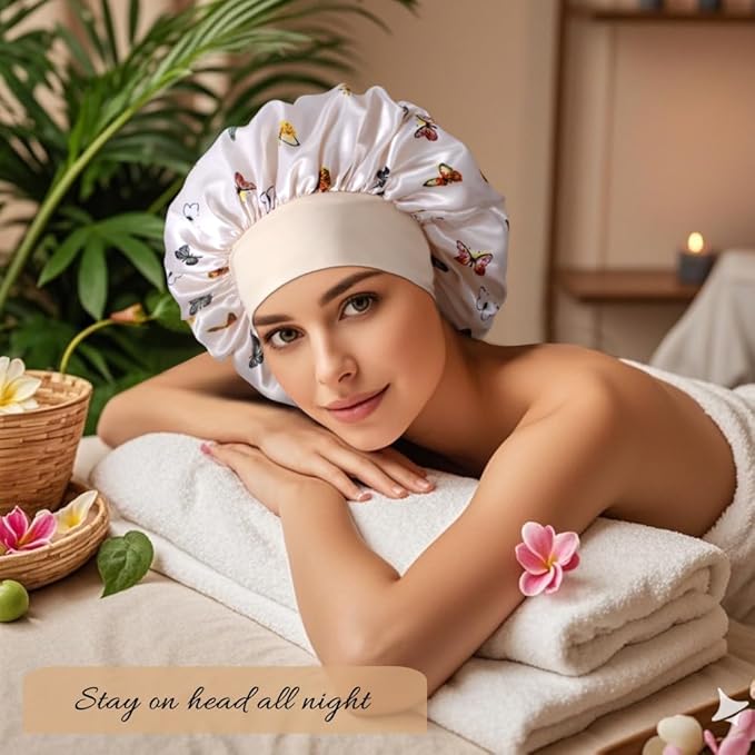 3+3 Large Satin Bonnets with Scrunchies for Women, Wide Band Hair Bonnet for Sleeping Braids Curly Hair, E