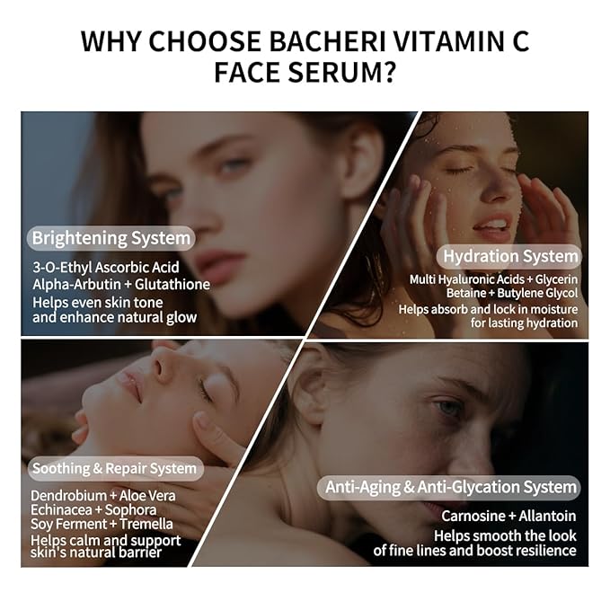 BACHERI Vitamin C Face Serum with Glutathione, 4D Hyaluronic Acid & Aloe Vera – Lightweight Brightening & Hydrating Ampoule for Daily Skincare, Dark Spots, Sensitive Skin Friendly - (1.0 ml)*30 Vials