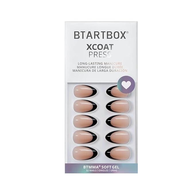BTArtbox Press On Nails, Black French, Short Almond, Black Nude, 32Ct