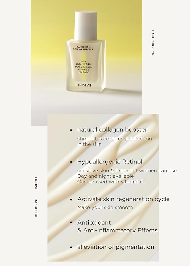 FINDIVE OFFICIAL Bakuchiol Toning Ampoule, 3% Bakuchiol, Plan-Based Retinal Alternative, Pure Vitamin C, Pure Vitamin E, Bisabolol, Brightning, Anti Wrinkle Serum, Korean Skincare 1.01fl.oz