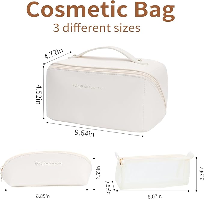 zaleeta 3 Pcs Travel Makeup Bag Portable Large Capacity Cosmetic Bags for Women Open Flat Makeup Case Organizer Bag Set of 3 Waterproof PU Leather Toiletry Bags with Divider and Handle (White, Medium)