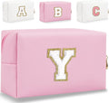 HENGNI Small Personalized Letter Makeup Bag, Cute PU Leather Chenille Letters Cosmetic Bag Travel Makeup Pouch, Preppy Travel Organizer Zipper Pouch for Women&Girls（Pink-Y）