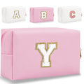 HENGNI Small Personalized Letter Makeup Bag, Cute PU Leather Chenille Letters Cosmetic Bag Travel Makeup Pouch, Preppy Travel Organizer Zipper Pouch for Women&Girls（Pink-Y）
