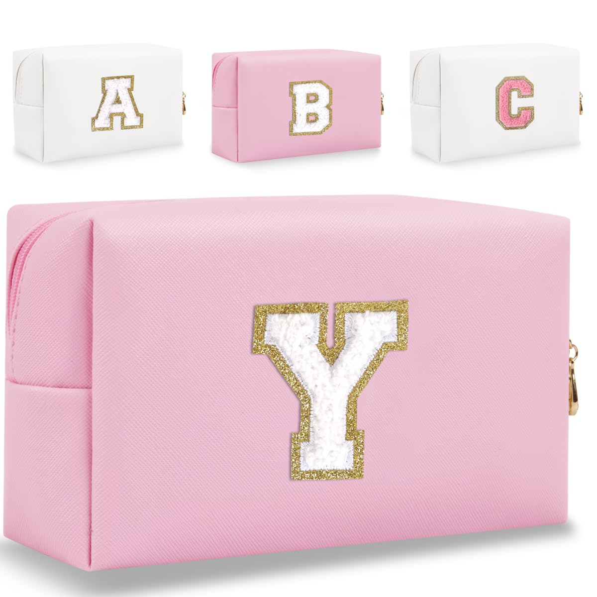 HENGNI Small Personalized Letter Makeup Bag, Cute PU Leather Chenille Letters Cosmetic Bag Travel Makeup Pouch, Preppy Travel Organizer Zipper Pouch for Women&Girls（Pink-Y）
