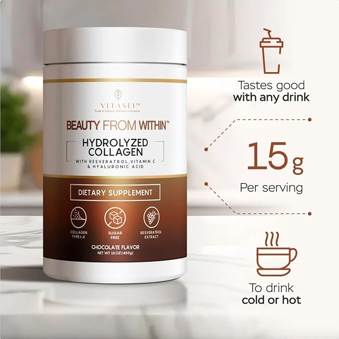 VITASEI Hydrolyzed Collagen Peptide Powder Drink – Chocolate Flavored, 16oz