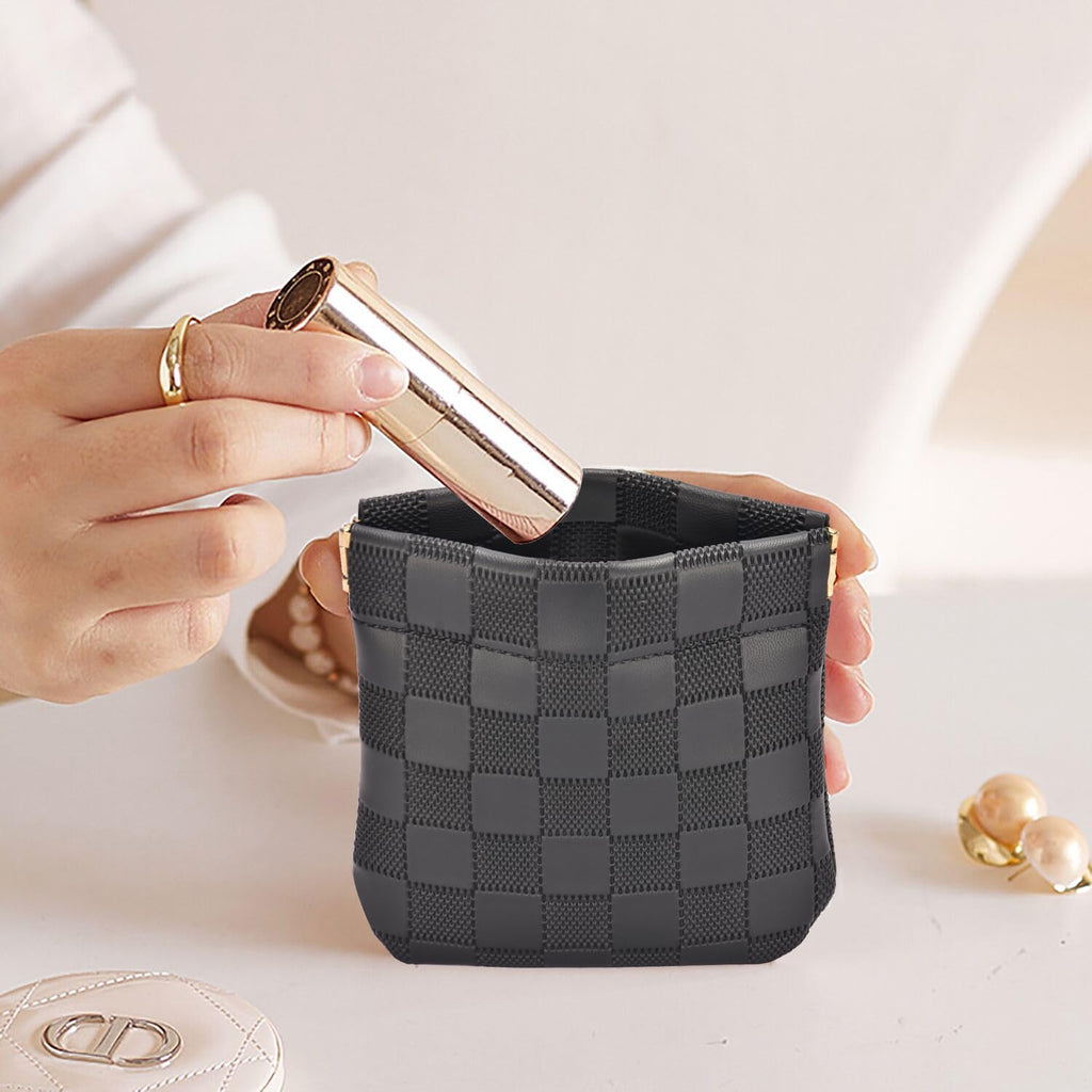 HIGH FIT Leather Pocket Cosmetic Bag for Purse,Coin Purse Lipstick Cosmetic Accessories Organizer, Travel Kit Storage Pouch,Waterproof Portable No Zipper Self-closing (Black+White/Small)