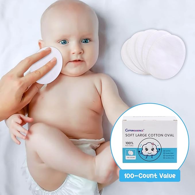 Cottonessence Oval Cotton Pads (100-Count)- 100% Pure Cotton, Gentle Enough for Babies, Soft Texture, Large Size, Lint-Free, Double Sided, Hypoallergenic, Use Wet or Dry