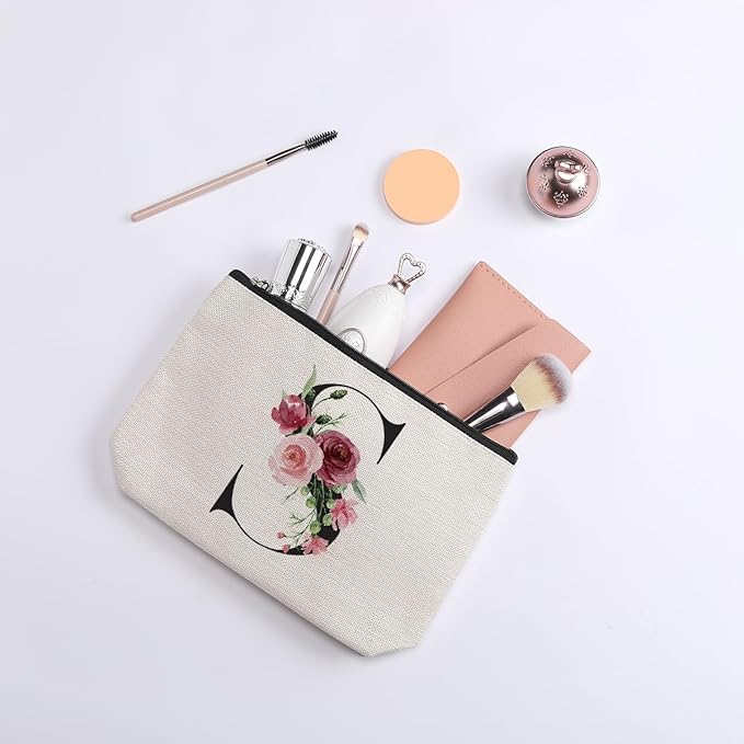 KDXPBZ Initial Makeup Bag - Personalized Cosmetic Bag for Women, Bridesmaid & (Letter S)