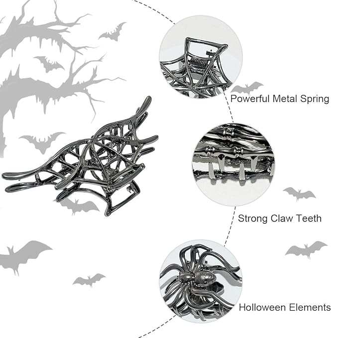 Parcce 3 Pieces Large Metal Spider Net Hand Hair Claw Clips for Women and Girls Thick Long Hair, Nonslip Skeleton Spooky Barrette Headband Hair Styling Accessories for Halloween