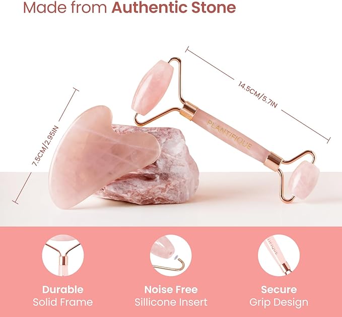 PLANTIFIQUE Rose Quartz Gua Sha & Face Roller Set, Certified Face Massager