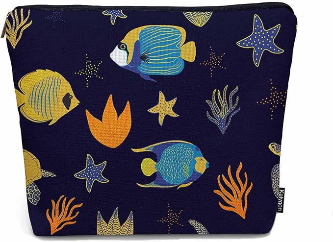 Kalygon Sea Animal Makeup Bags Makeup Organizer, Ocean Sea Turtle Starfish Seaweed Flax Toiletry Bags Travel Cosmetic Bag Makeup Purse Pouch Skincare Bag Wallet Bags For Women Female Mom Daughter