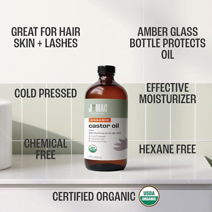 J MAC BOTANICALS Organic Castor Oil Cold Pressed in Amber Glass Bottle (8 oz) USDA Certified, Hexane Free - Moisturizing Oil for Hair, Skin, Face, Eyelashes, Brows, Nails, and Castor Wraps