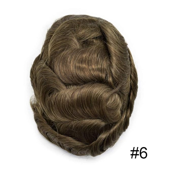 F M FACE MIRACLE NEW YORK Mens Toupee Human Hair Piece French Lace Toupee for Man Hair System Indian Human Hair Replacement Systems V-Looped PU Front Hairpieces 7"X9" 6# LIGHT BROWN