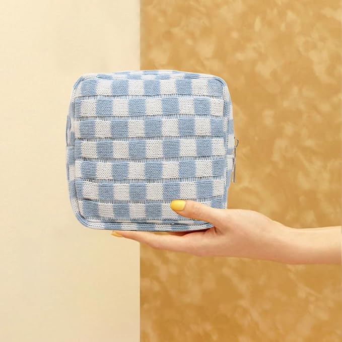FFpaw Small Blue Makeup Bag for Purse, Mini Checkered Cosmetic Bag Zipper Cute Make Up Pouch Travel Toiletry Case Quilted Aesthetic Accessories Makeup Storage Bag Organizer for Women