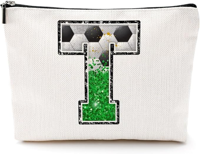 CQM Soccer Gifts Initial Makeup Bag Soccer Girl Gifts Cosmetic Bag Letter T