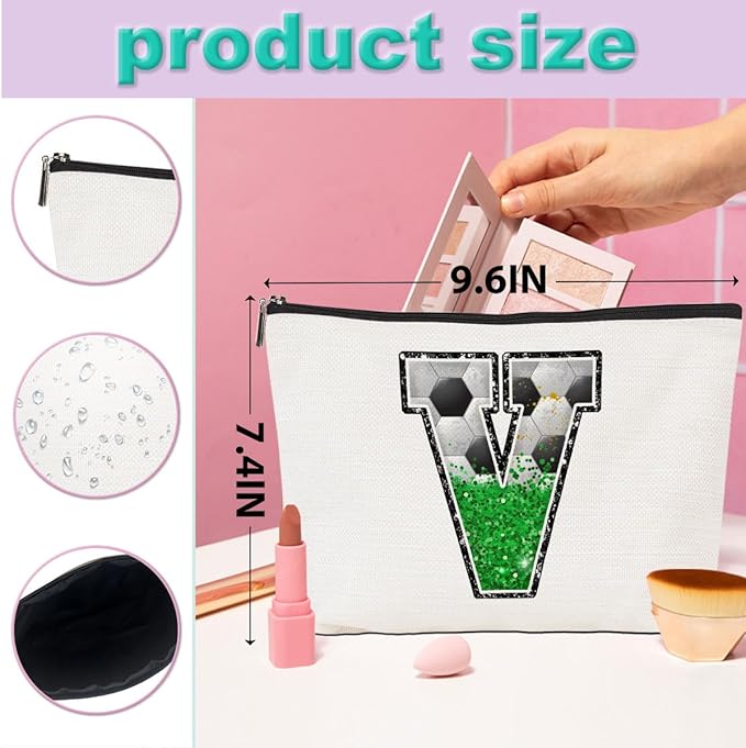 CQM Soccer Gifts Initial Makeup Bag Soccer Girl Gifts Cosmetic Bag Letter V