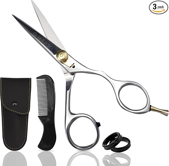 Ontaki Beard & Mustache Scissors & Combs for Men - 5.5" Silver, Right Hand