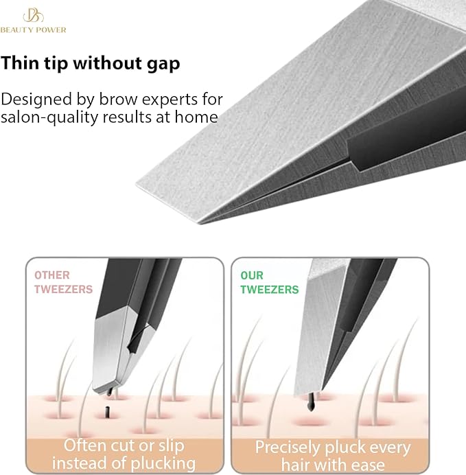 Beauty Power Tweezers for Women Facial Hair. Ultra Precision Tweezers for Women & Men, Sharp Slant Tweezer for Eyebrows, Ingrown Hair Removal. Professional Plucker, German Stainless Steel 3-Pack Black