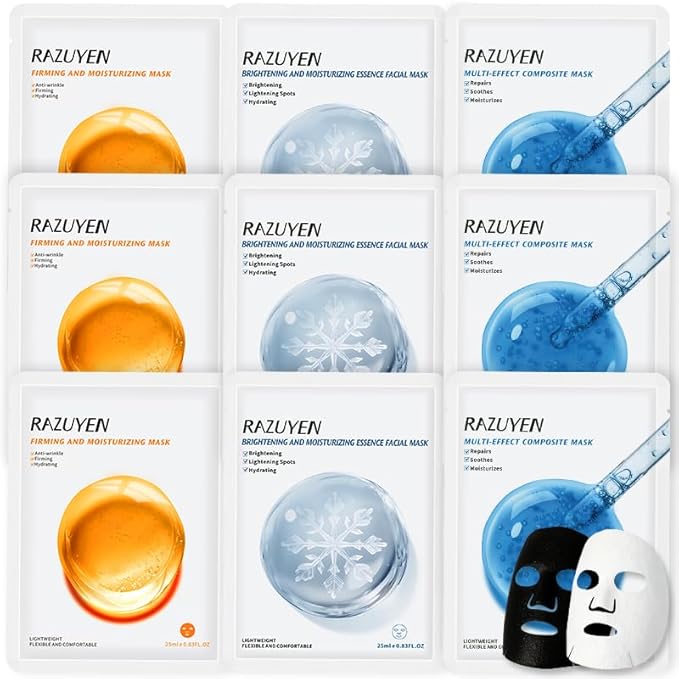 RAZUYEN Face Sheet Masks, Peptide, Vitamin C & Panthenol B5, 9 Packs