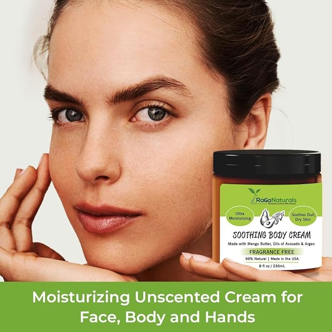 RaGaNaturals Fragrance Free Natural Hand and Body Cream - Moisturizer for Dry, Sensitive & Eczema-Prone Skin -Mango Butter, Argan Oil, Vitamin E -Unscented Non-Comedogenic Lotion for Women & Men -8 oz